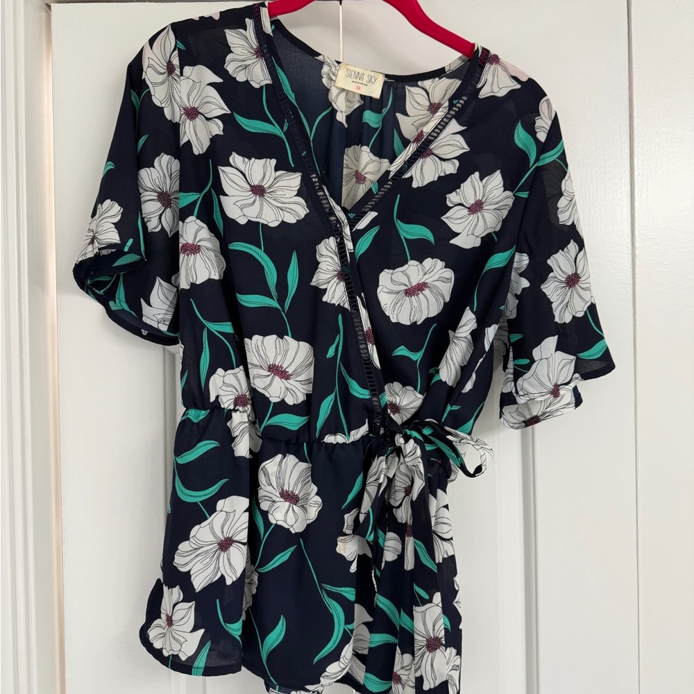 Sienna Sky Black and White Floral Wrap Blouse
